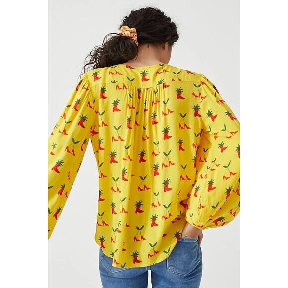 Anthropologie Button Down Front Tie Blouse Yellow Women’s 2 Festival Boho Fruit - Picture 3 of 16